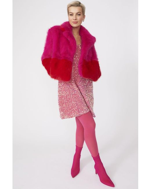 Jayley Red And Bamboo Faux Fur Two Tone Double Cropped Coat Size