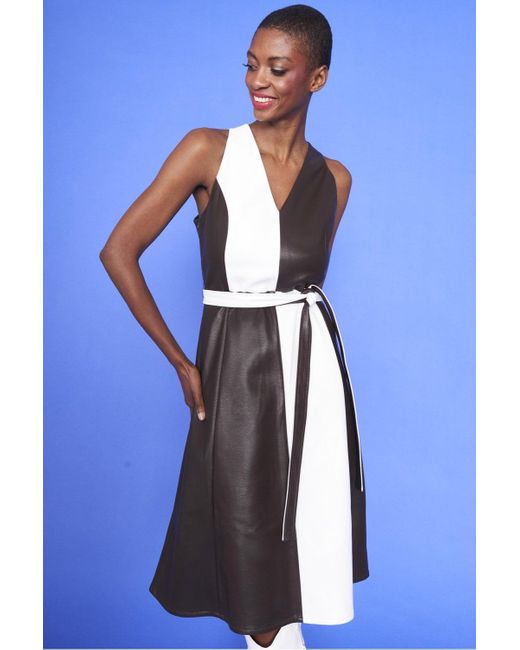 Jayley Blue Faux Leather Contrast Colour Blocking Midi Dress