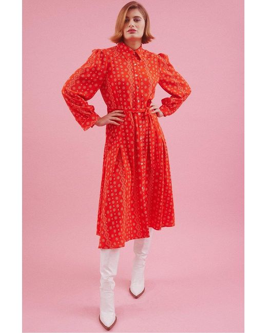 Jayley Red Eco Silk Midi Metallic Shirt Dress