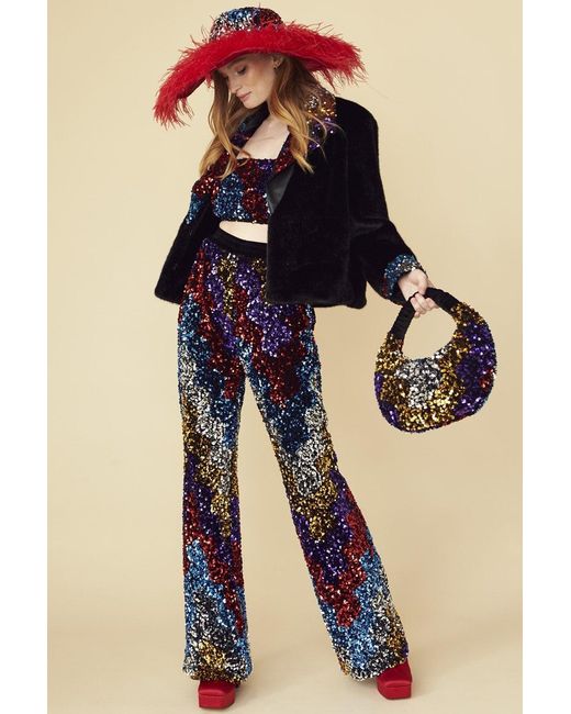 Jayley Blue Bamboo Faux Fur Sequins Jacket