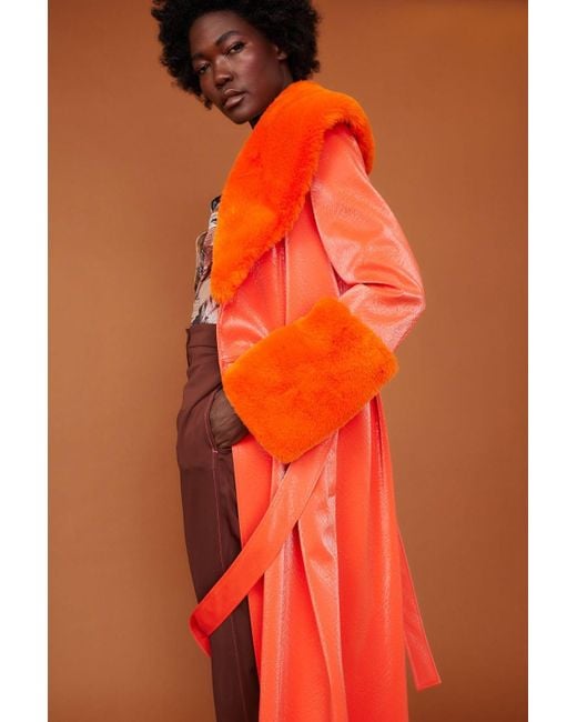 Jayley Orange Trench Style Belted Coat With Faux Fur Cuffs And Collar