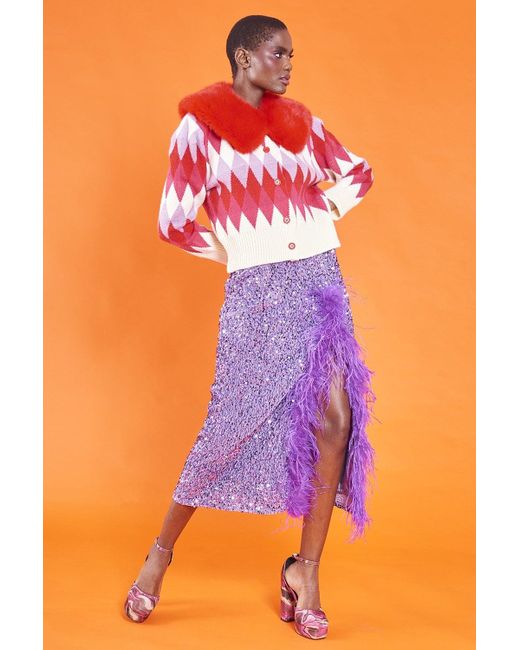 Jayley Diamond Design Banana Peel Cardigan Multi-Coloured With Faux Fu