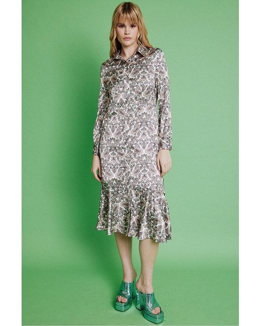 Jayley Green Silk Blend Paisley Print Shirt Dress