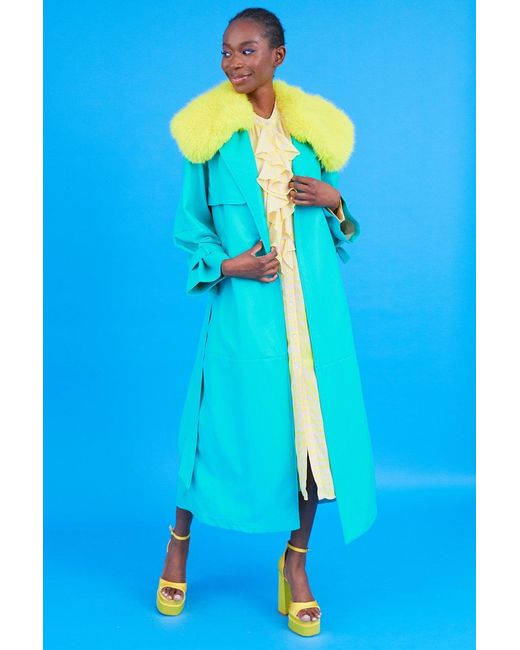 Jayley Blue Eco Leather Faux Fur Collar Trench Coat