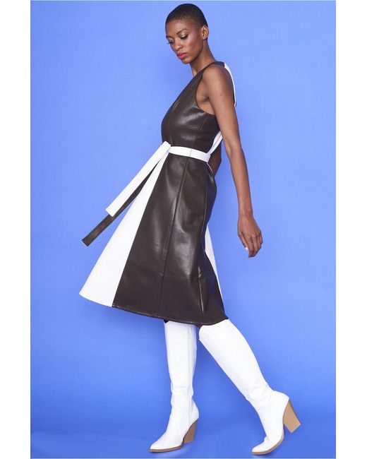 Jayley Blue Faux Leather Contrast Colour Blocking Midi Dress