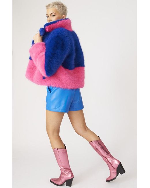 Jayley Blue Bamboo Faux Fur Two Tone Double Cropped Coat