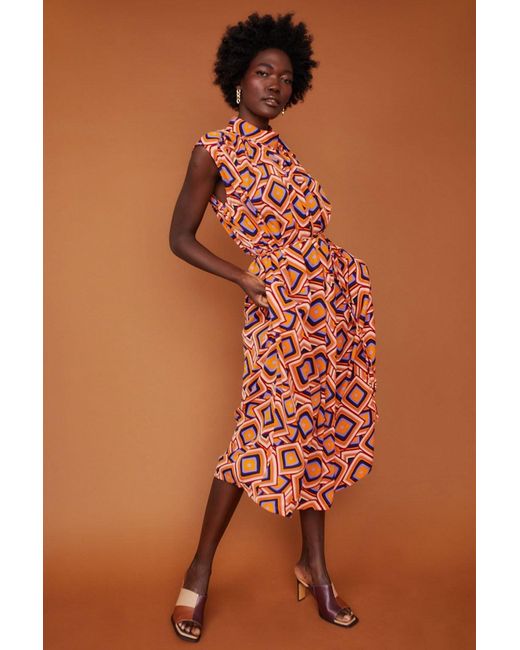 Jayley Brown High Neck Midi Geo Dress