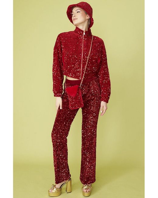 Jayley Red Sequin Cropped Biker Jacket