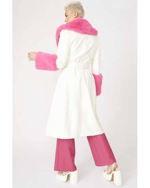 Jayley Pink Trench Style Belted Coat With Faux Fur Cuffs And Collar Si