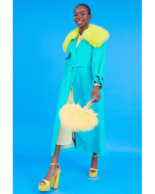 Jayley Blue Eco Leather Faux Fur Collar Trench Coat