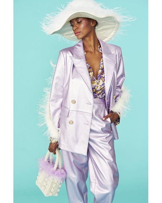 Jayley Blue Faux Leather Blazer With Feather Details