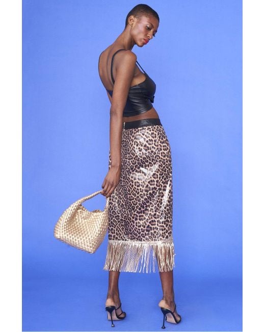 Jayley Blue Midi Leopard Print Asymmetrical Skirt