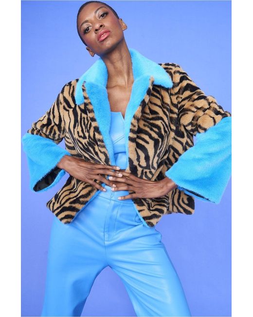 Jayley Blue And Leopard Print Faux Fur Coat