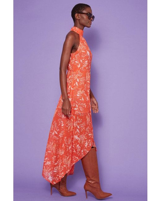 Jayley Brown Silk Blend Halter Neck Floral Dress