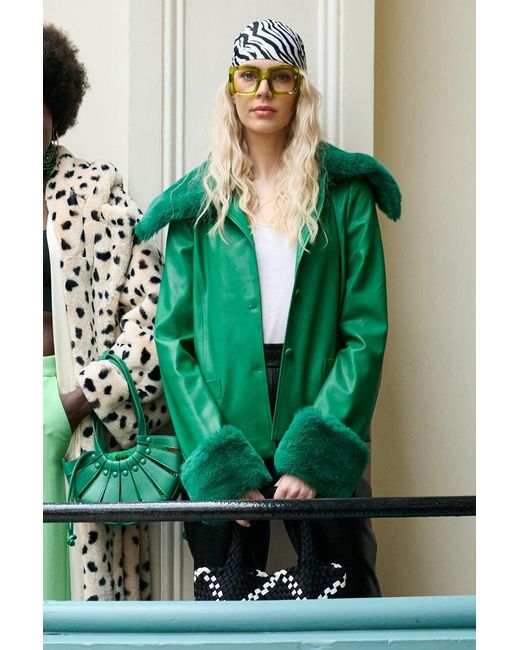 Jayley Green Faux Leather Jacket With Faux Fur Collar And Faux Fur Cuf