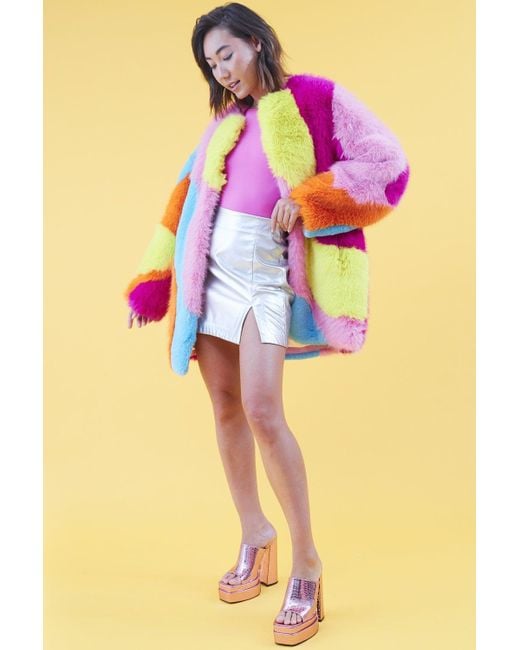 Jayley Orange Faux Fur Multi-Coloured Coat