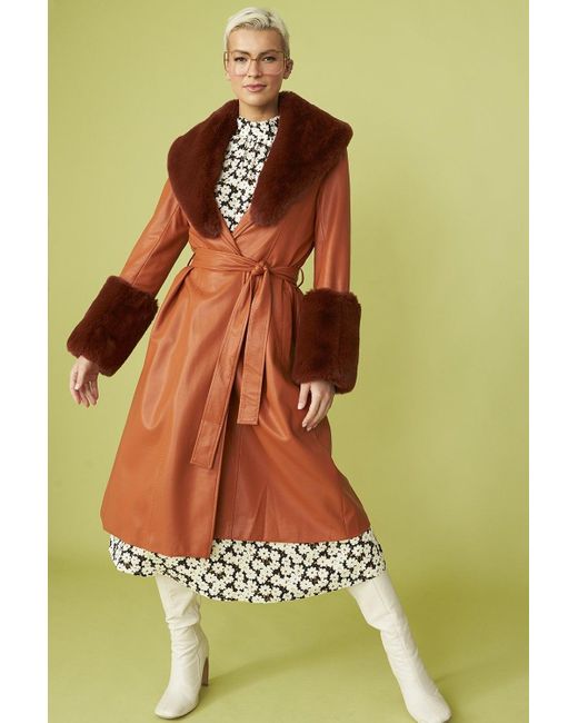 Jayley Green Trench Style Belted Coat With Faux Fur Cuffs And Collar S