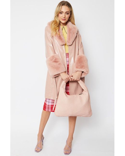 Jayley Pink Luxury Faux Leather Aubrey Coat With Detachable Faux Fur C