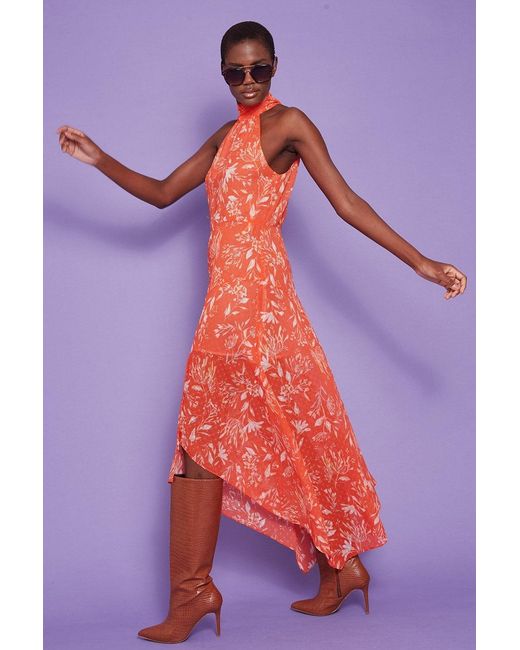 Jayley Brown Silk Blend Halter Neck Floral Dress