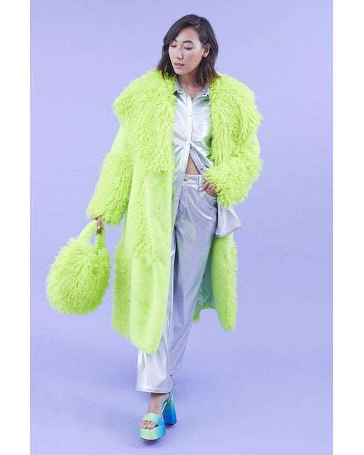 Jayley Green Faux Fur Bamboo Checked Maxi Coat