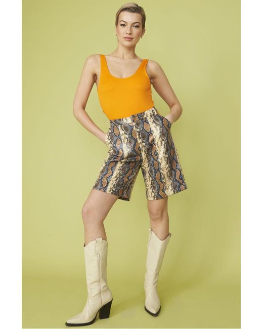 Jayley Yellow Banana Peel Eco Leather Mixed Print Shorts