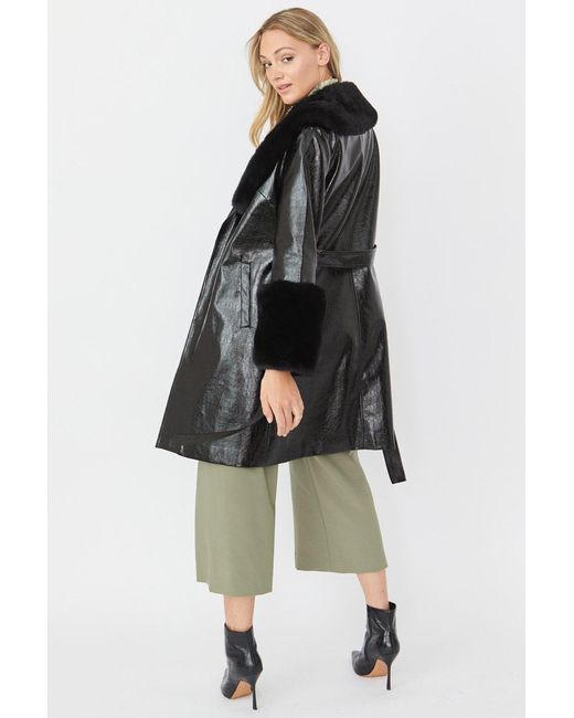Jayley Green Luxury Faux Leather Aubrey Coat With Detachable Faux Fur