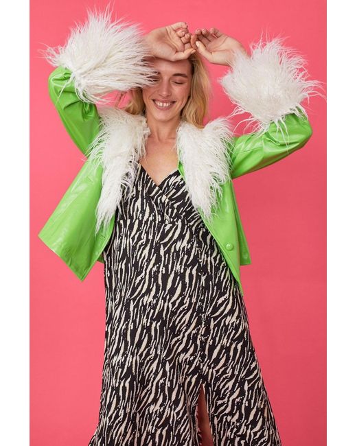 Jayley Green Faux Leather Biker Jacket With Mongolian Fur Cuffs And Co