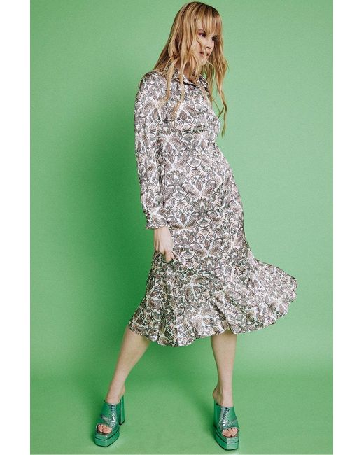 Jayley Green Silk Blend Paisley Print Shirt Dress
