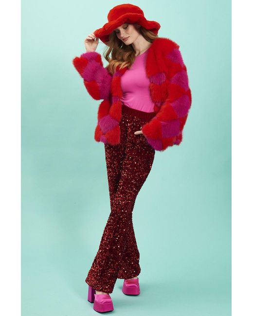 Jayley Red Delilah Diamond Faux Fur Jacket
