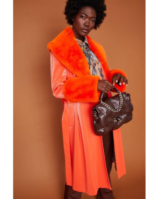 Jayley Orange Trench Style Belted Coat With Faux Fur Cuffs And Collar