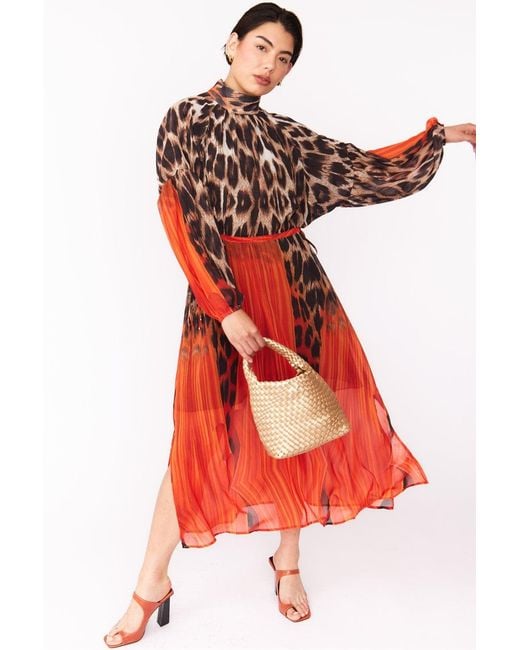 Jayley Red Silk Blend Leopard Maxi Dress