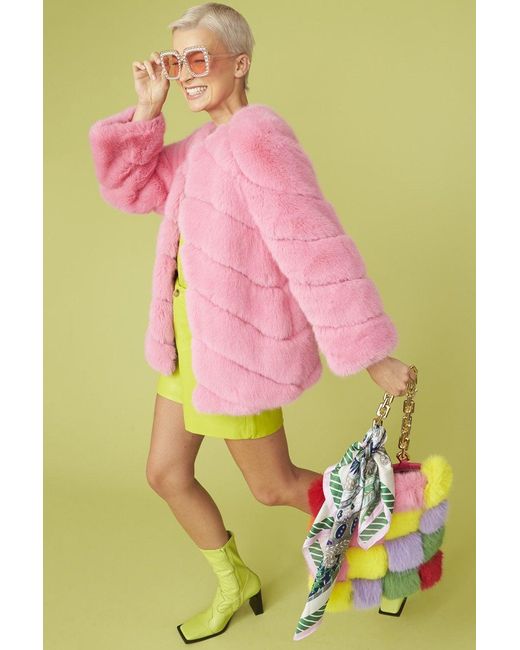 Jayley Pink Faux Fur Striped Gaga Coat