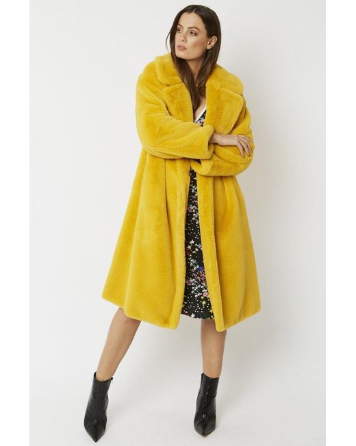 Jayley Yellow Faux Fur Midi Shaved Shearling Coat