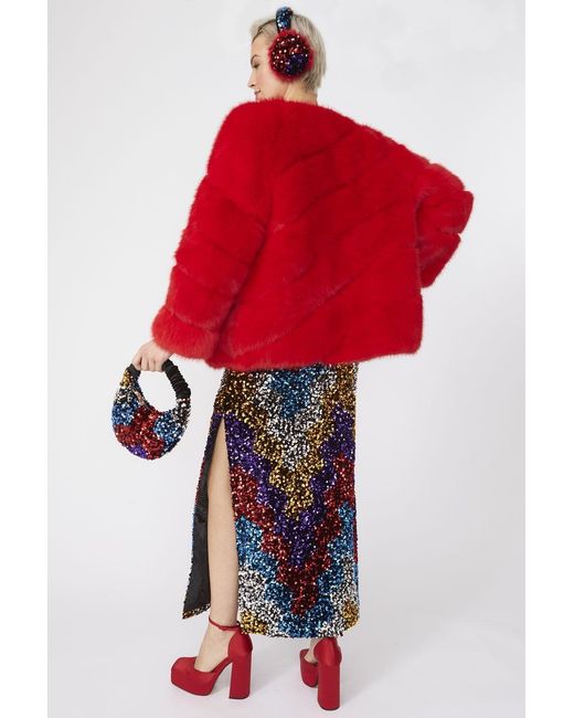 Jayley Red Faux Fur Striped Gaga Coat