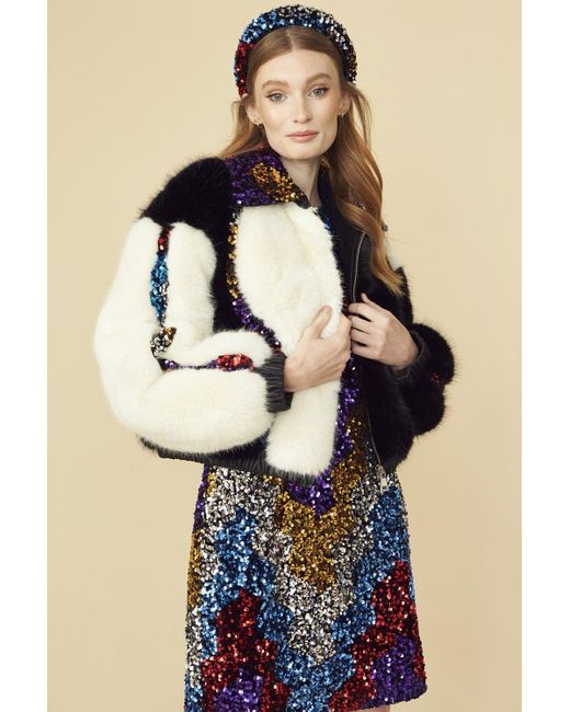 Jayley Blue Bamboo Faux Fur And Sequin Bomber Jacket