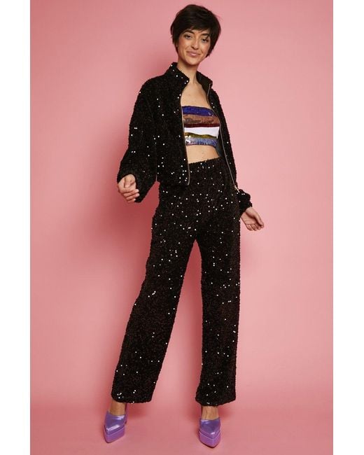 Jayley Black Sequin Cropped Biker Jacket