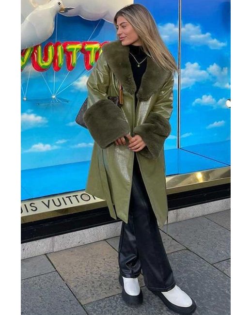 Jayley Green Faux Suede Alina Midi Coat With Faux Fur Cuffs And Collar