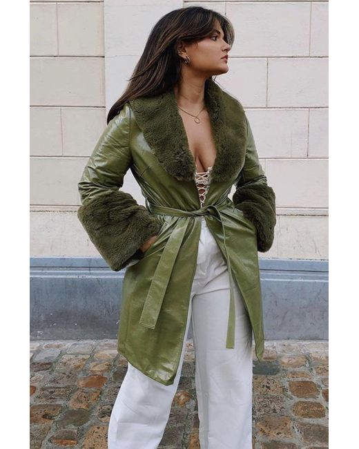 Jayley Green Faux Suede Alina Midi Coat With Faux Fur Cuffs And Collar