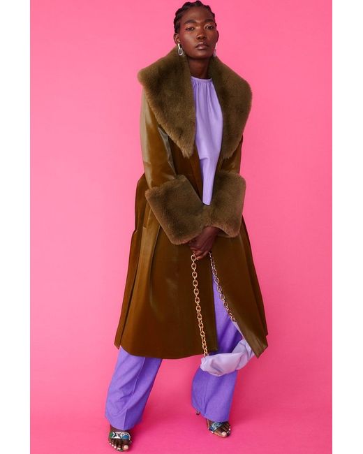 Jayley Pink Faux Suede Trench Coat With Detachable Faux Fur Collar &A