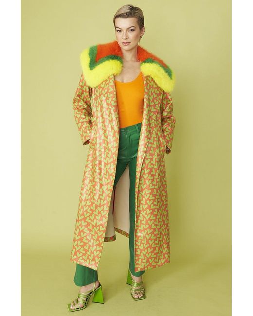 Jayley Yellow And Love Heart Trench Coat With Oversized Faux Fur