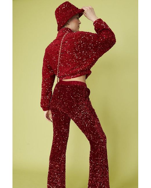 Jayley Red Sequin Cropped Biker Jacket