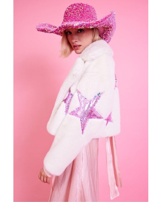 Jayley Pink Bamboo Faux Fur Sequins Star Jacket