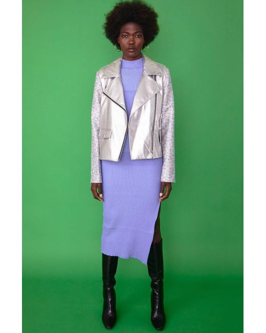 Jayley Green Biker Jacket With Floral Embroidered Sleeves And Back Si