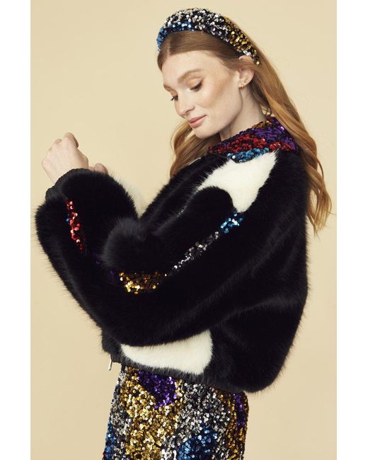 Jayley Blue Bamboo Faux Fur And Sequin Bomber Jacket