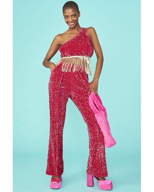 Jayley Pink Sequin One Shoulder Cropped Top With Sequin Tassels Size