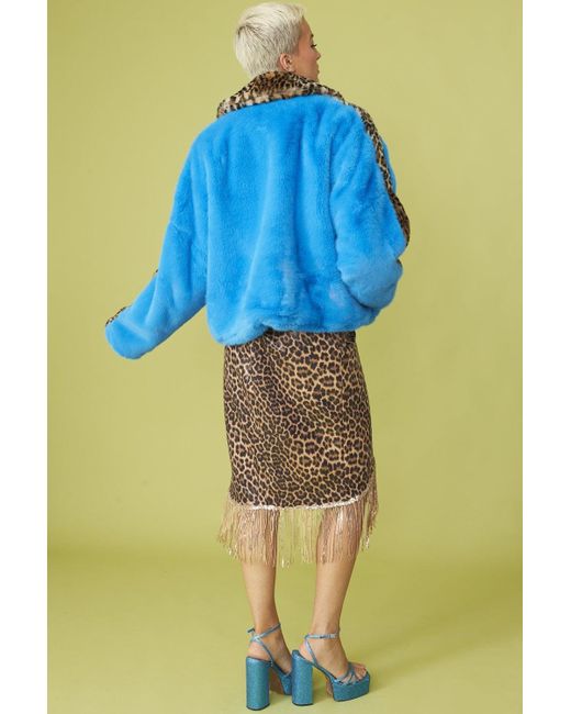 Jayley Blue And Leopard Print Faux Fur Coat
