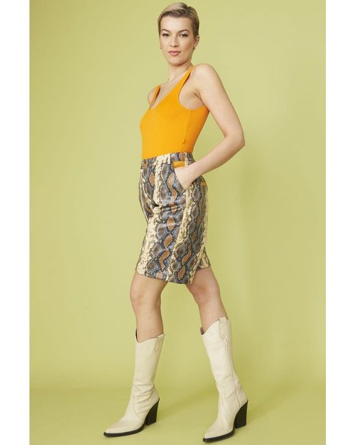Jayley Yellow Banana Peel Eco Leather Mixed Print Shorts