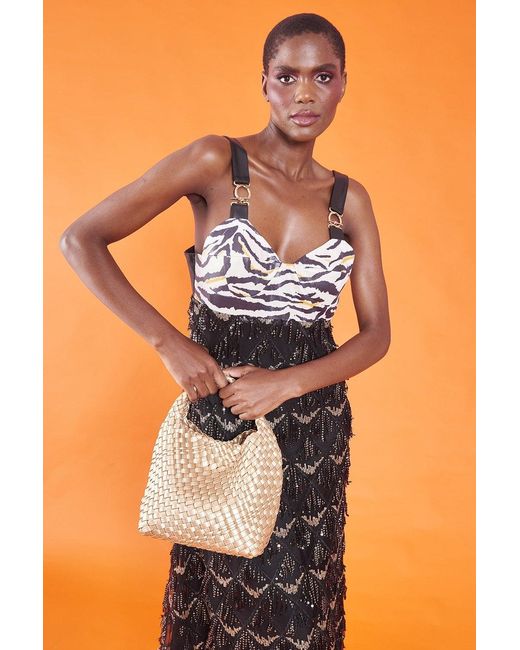 Jayley Orange Zebra Print Sequin Tassel And Eco Leather Maxi Dress Size