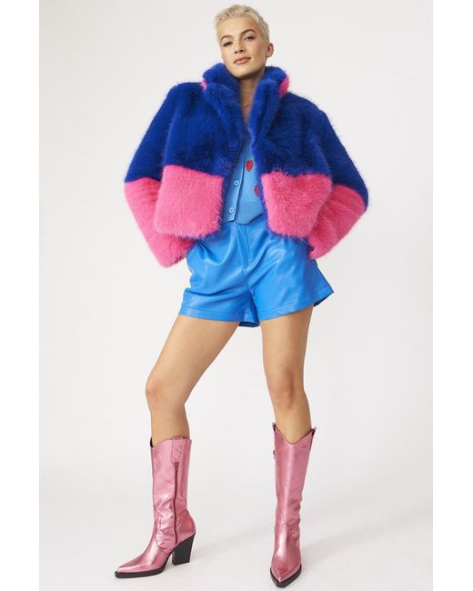 Jayley Blue Bamboo Faux Fur Two Tone Double Cropped Coat