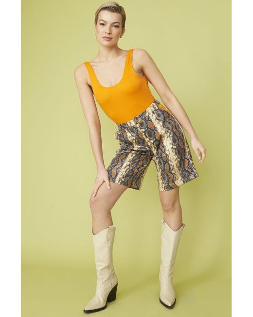Jayley Yellow Banana Peel Eco Leather Mixed Print Shorts